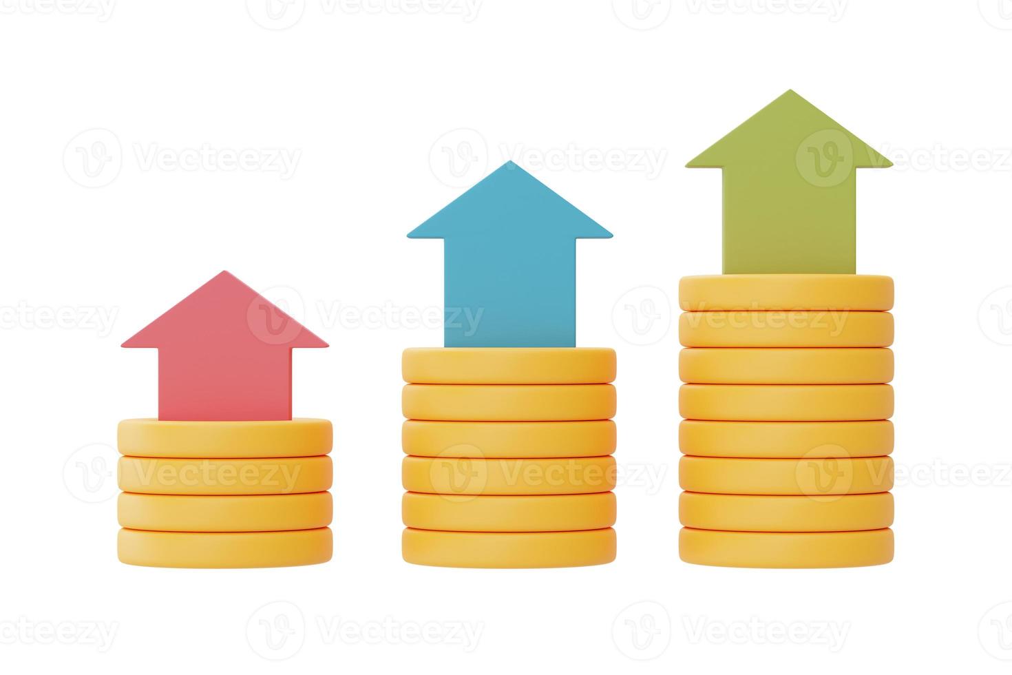 investissements financiers concept de croissance des revenus futurs avec des piles de pièces et des flèches, économiser de l'argent ou augmenter les intérêts, rendu 3d photo