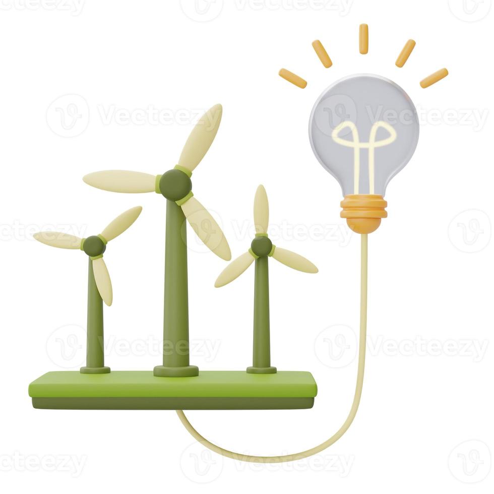 concept de source alternative d'électricité avec éolienne et ampoule, énergie écologique, propre, rendu 3d. photo