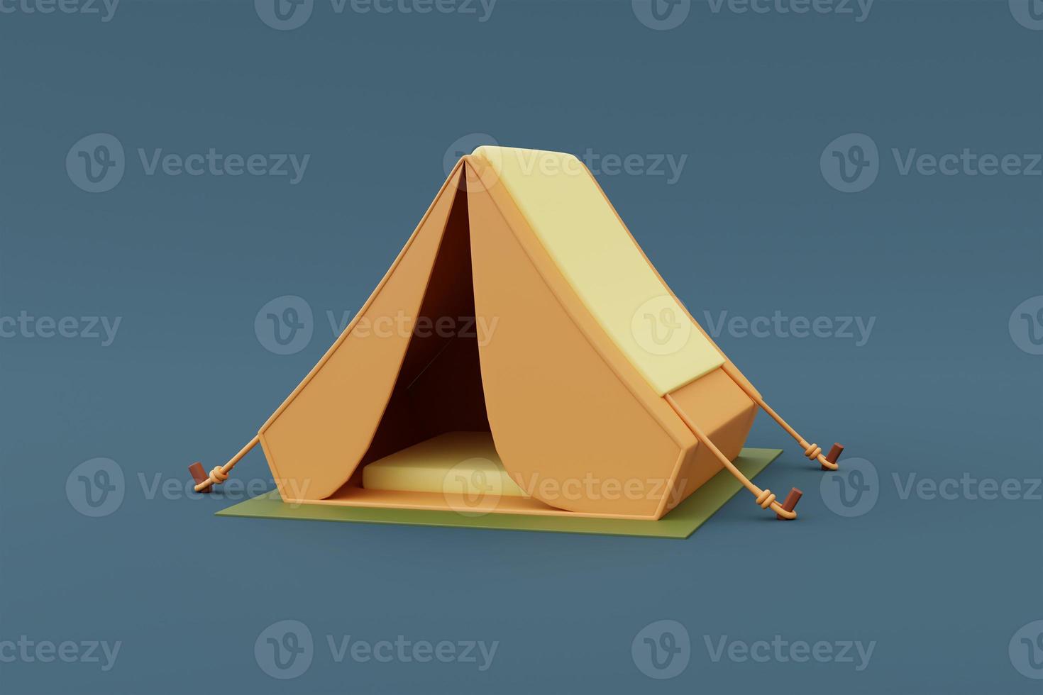 Rendu 3d de la tente de camping isolée sur fond bleu, équipement de camping, concept de vacances de vacances. style minimal. photo