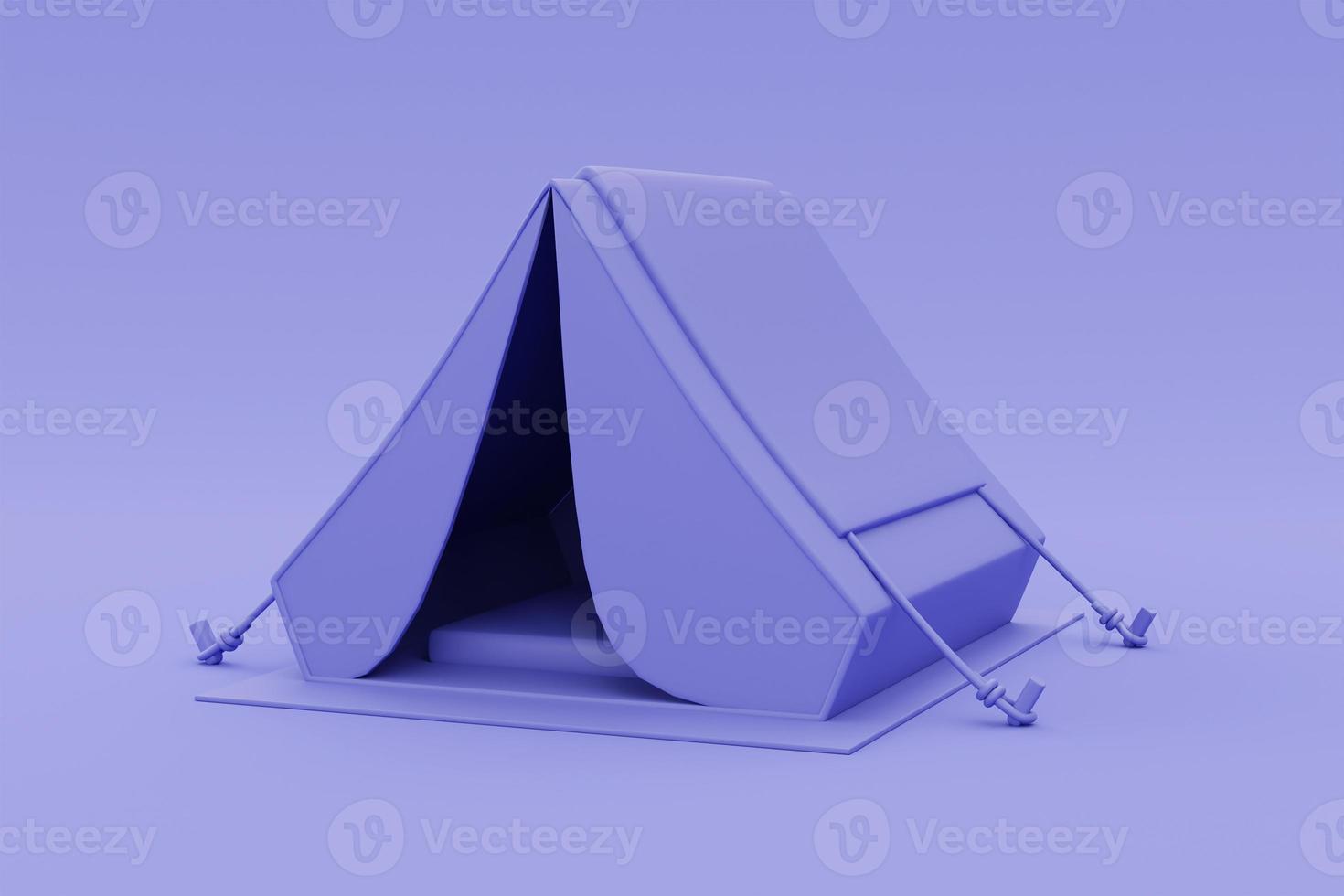 Tente de camping violette 3d isolée, concept de tourisme et de voyage, vacances de vacances, style minimal, rendu 3d. photo