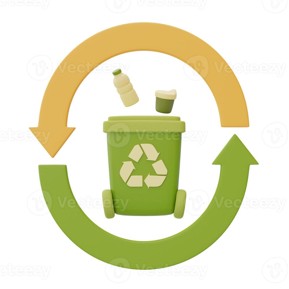 bac de recyclage avec flèche, sauvez la planète et le concept énergétique, innovations écologiques, rendu 3d. photo
