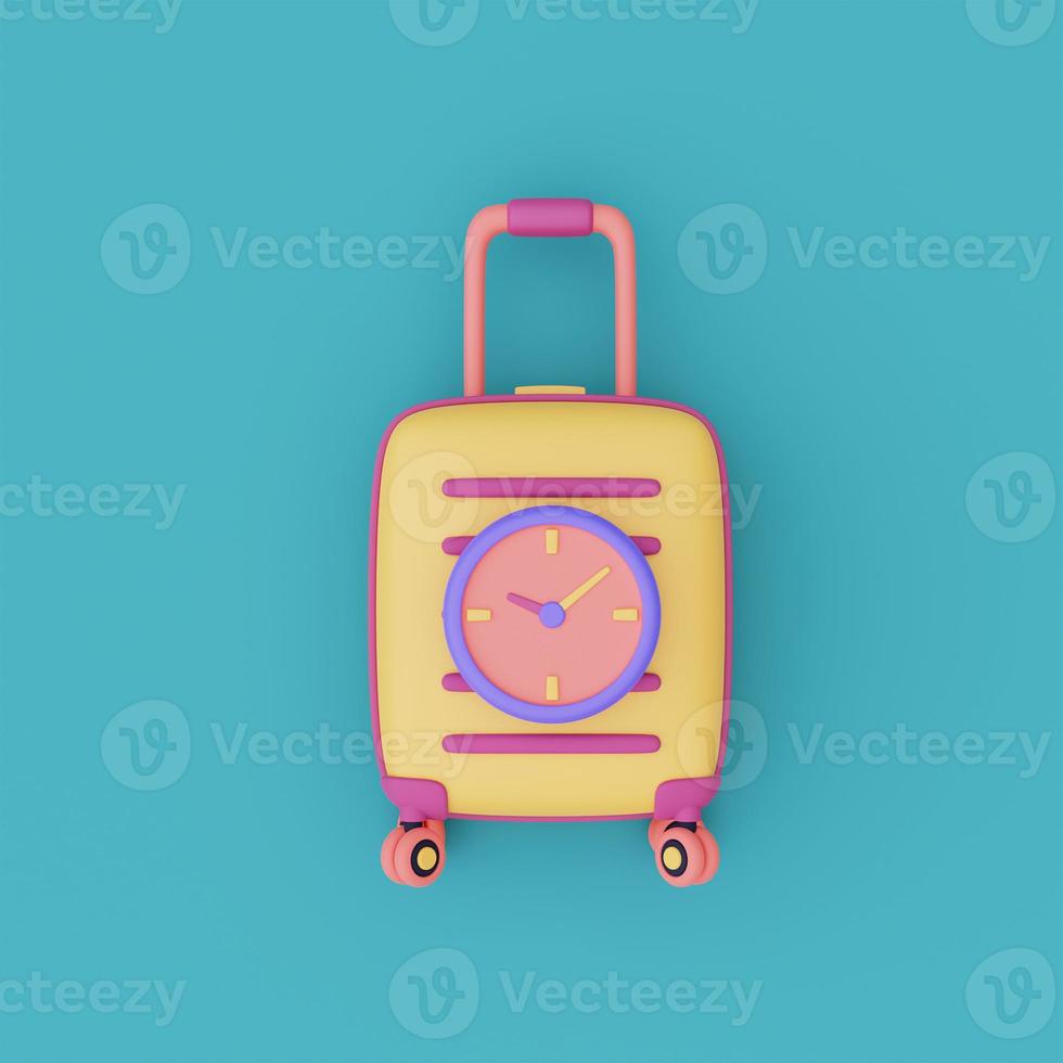 valises jaunes avec horloge, concept de temps de voyage, planification de vacances, vacances, prêt pour le rendu travel.3d. photo