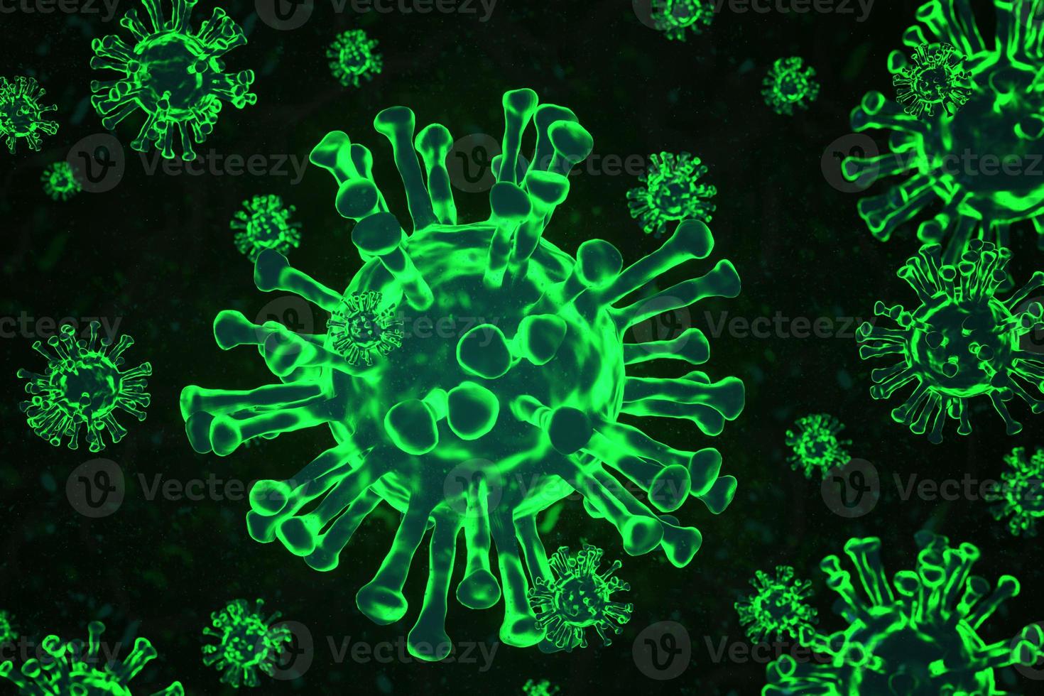 virus du microscope en gros plan. illustration des cellules du virus de la grippe. coronavirus 2019. rendu 3d photo