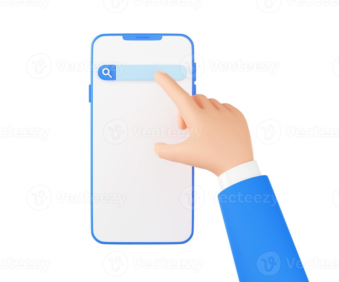 barre de recherche web sur l'écran du téléphone portable rendu 3d - illustration de la main humaine poussant le formulaire de site web sur smartphone photo