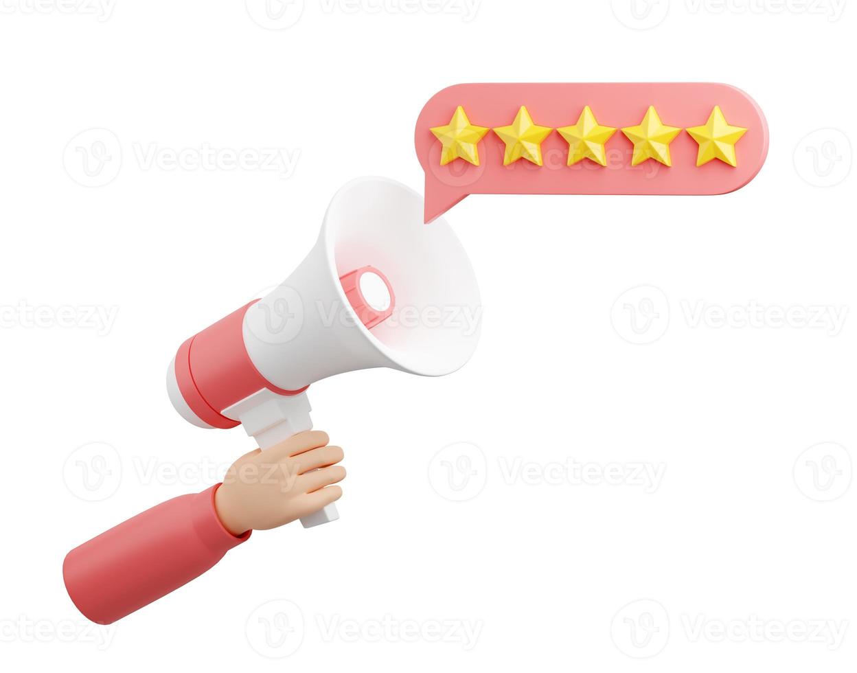 Avis client rendu 3d - cinq étoiles sur la bulle de dialogue sortent du haut-parleur tenu à la main. photo