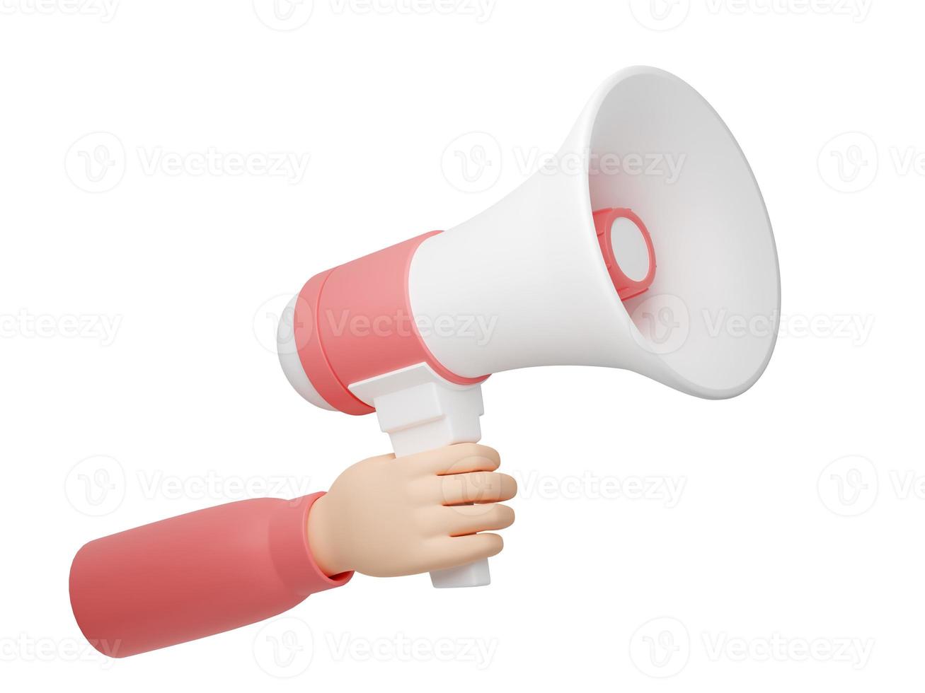 rendu 3d du haut-parleur - main humaine tenant un mégaphone rose et blanc pour le texte d'une annonce ou d'un message publicitaire. photo