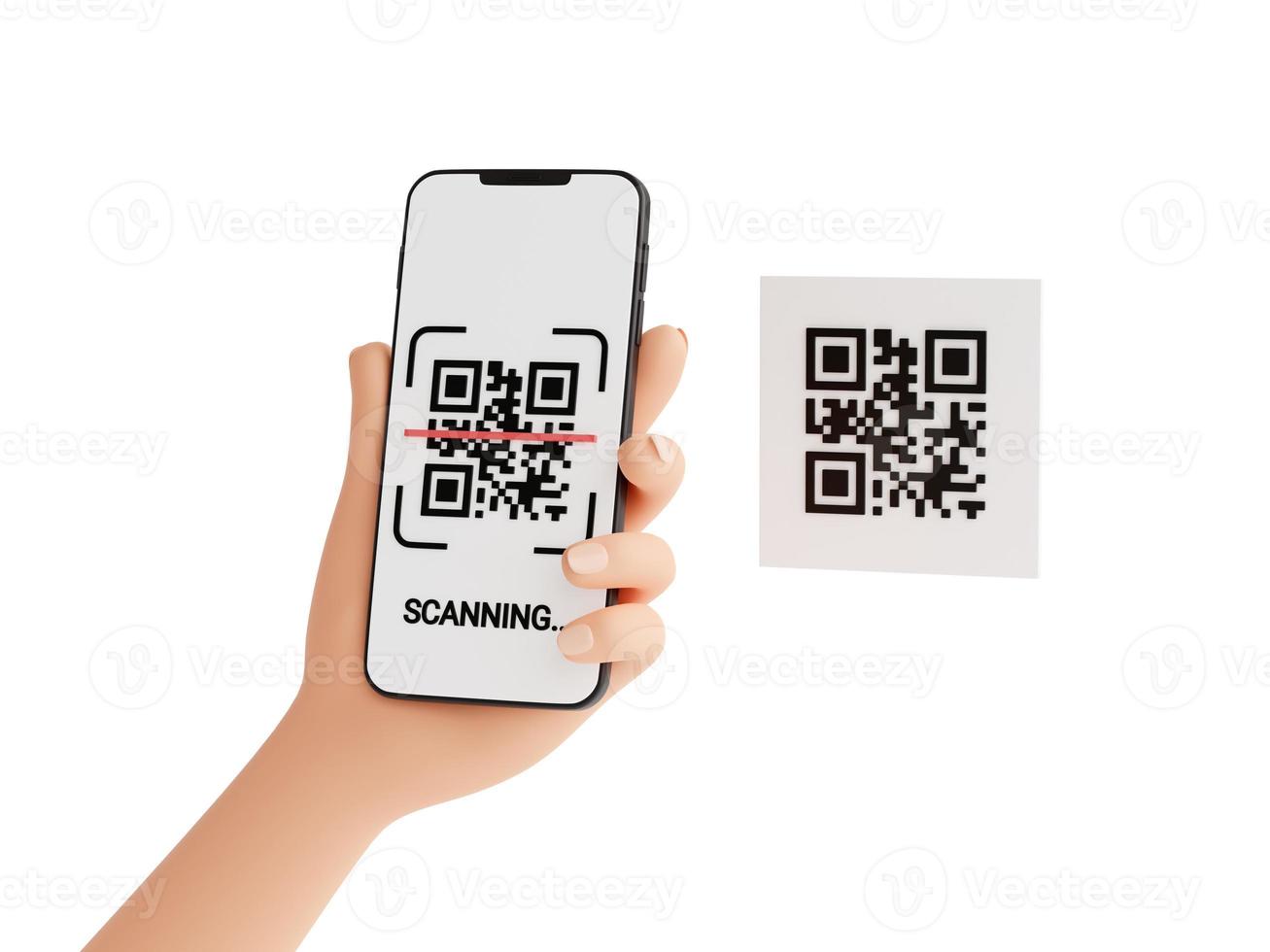 concept de numérisation de code qr - main humaine tenant un téléphone mobile avec illustration de rendu 3d du processus de numérisation de code-barres. photo