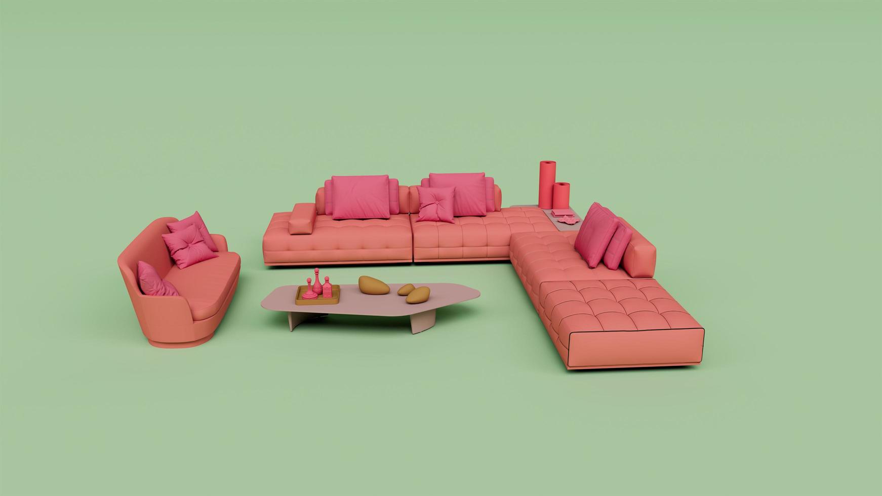 Rendu 3d d'un canapé de couleur rose avec coussin et table basse isolé sur fond pastel, scène minimale d'arrière-plan 3d photo