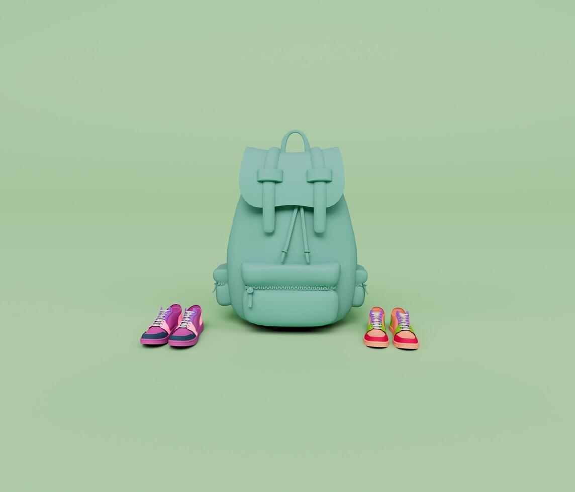 rendu 3d de sac à dos et deux paires de chaussures colorées isolées sur fond pastel, scène minimale de fond 3d photo