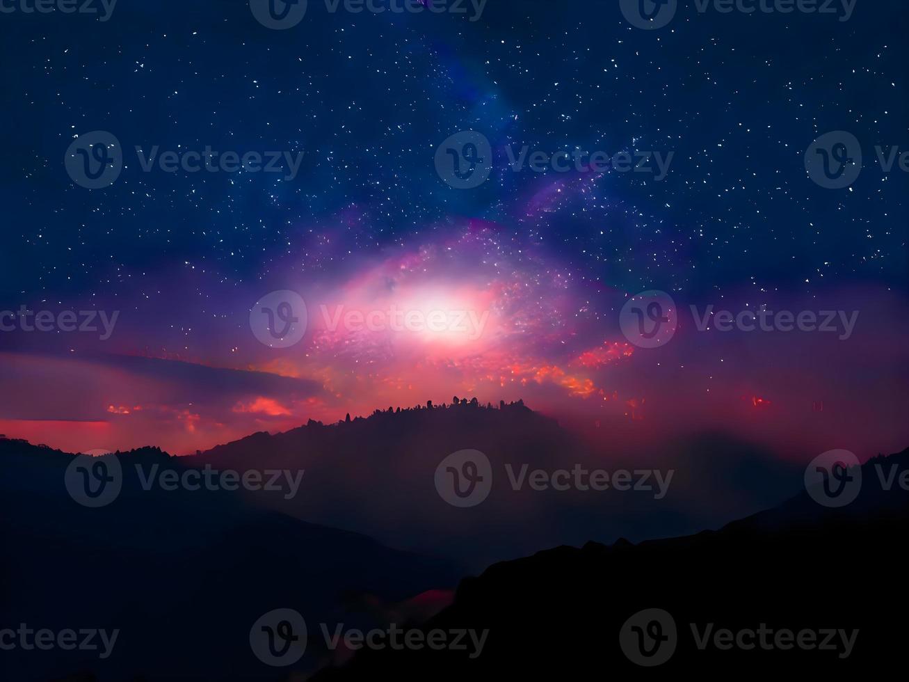 voie lactée et lumière rose dans les montagnes. paysage coloré de nuit. ciel étoilé avec des collines. bel univers. arrière-plan de l'espace avec galaxie. fond de voyage photo