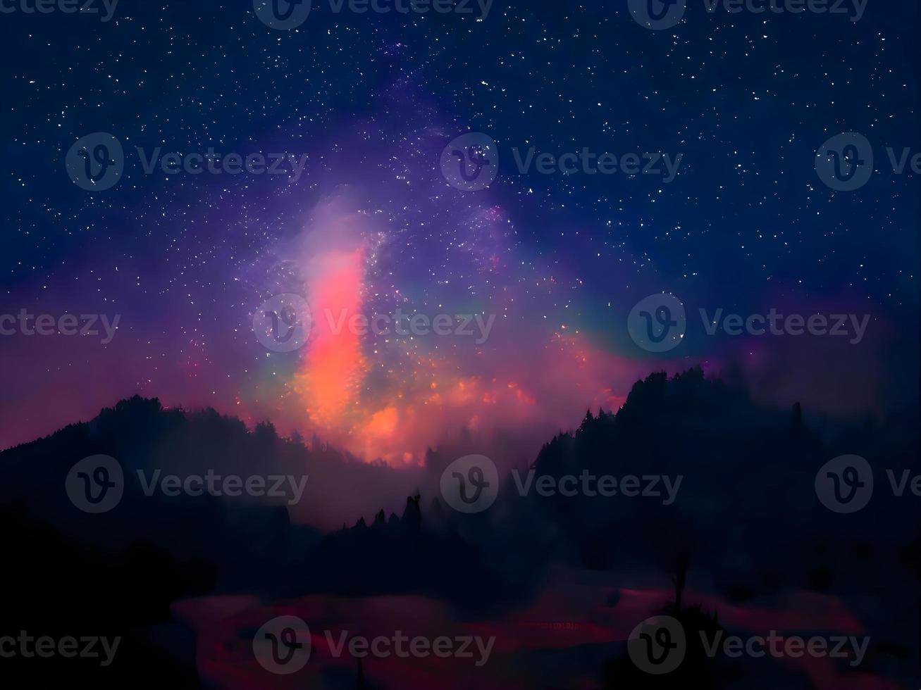 voie lactée et lumière rose dans les montagnes. paysage coloré de nuit. ciel étoilé avec des collines. bel univers. arrière-plan de l'espace avec galaxie. fond de voyage photo