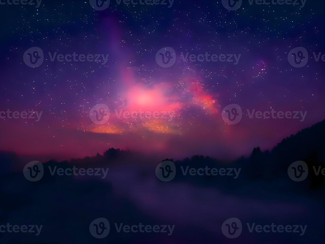 voie lactée et lumière rose dans les montagnes. paysage coloré de nuit. ciel étoilé avec des collines. bel univers. arrière-plan de l'espace avec galaxie. fond de voyage photo