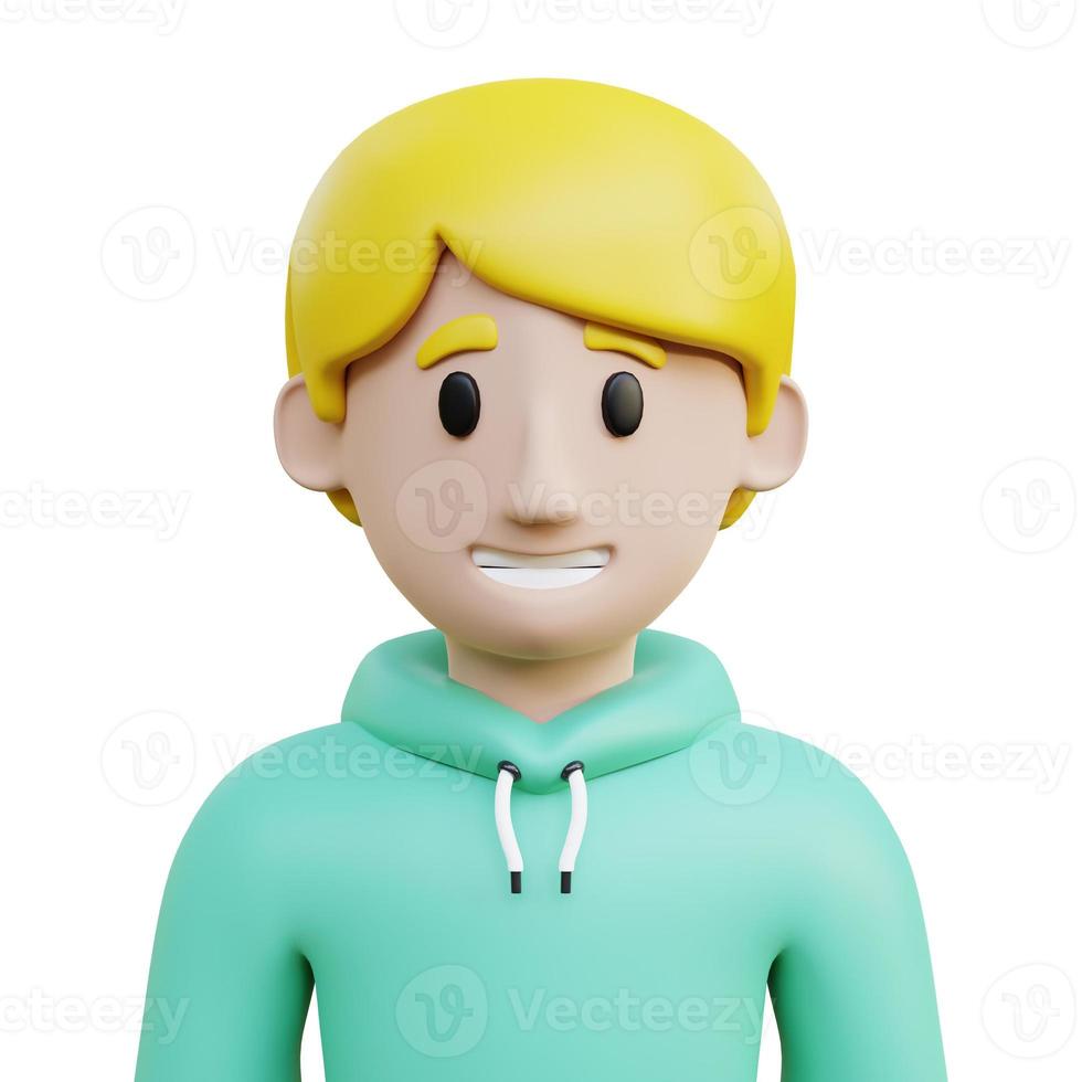 Profil de personnage masculin de rendu 3d avec chandail vert menthe et cheveux blonds, fond blanc isolé bon usage pour la conception de sites Web photo