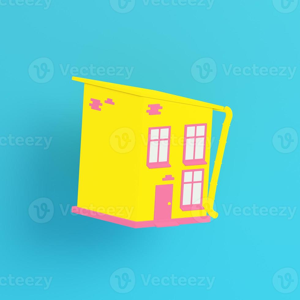 maison de style caartoon jaune sur fond bleu vif dans des tons pastel photo