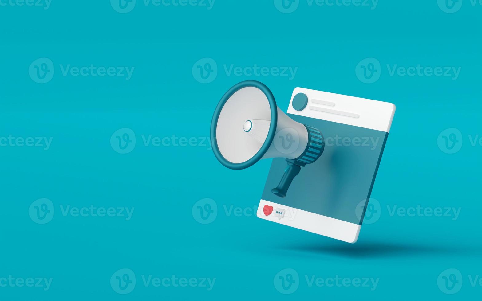 Illustration 3d d'un mégaphone avec publication publicitaire sur les réseaux sociaux photo