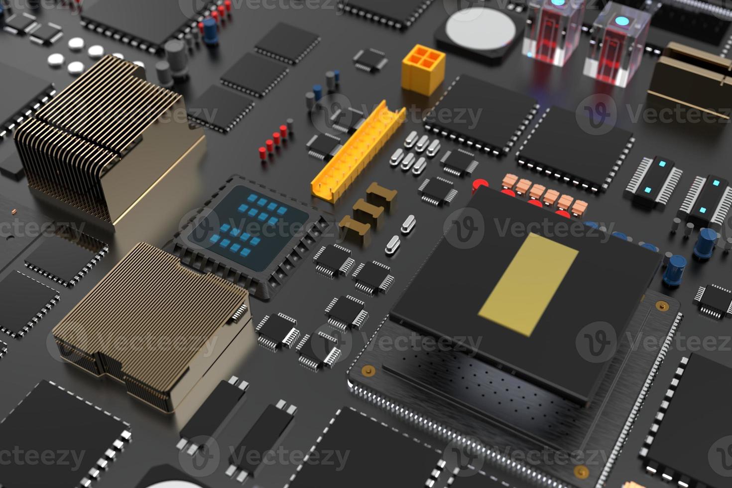 carte de circuit imprimé avec micropuces, processeurs et autres pièces d'ordinateur. rendu 3d sur le thème de la technologie et de la grande puissance de calcul photo