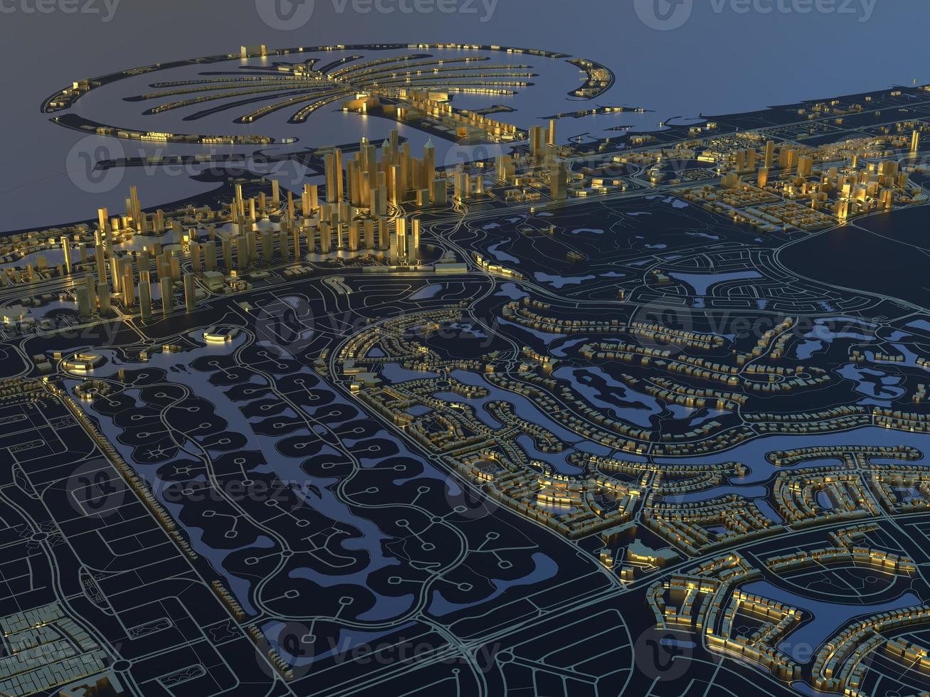 vue de dessus de la grande ville. illustration dans la conception graphique décontractée. fragment de rendu 3d de dubaï photo