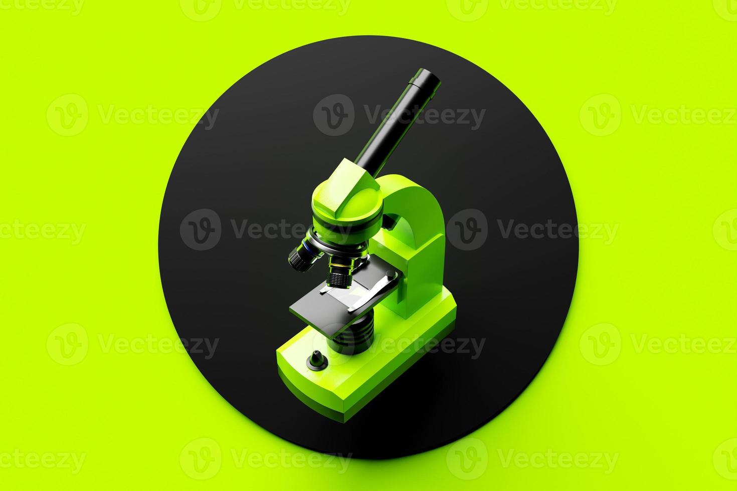 illustration 3d microscope de laboratoire réaliste sans fond vert. Chimie 3d, instrument pharmaceutique, instrument grossissant microbiologique. photo