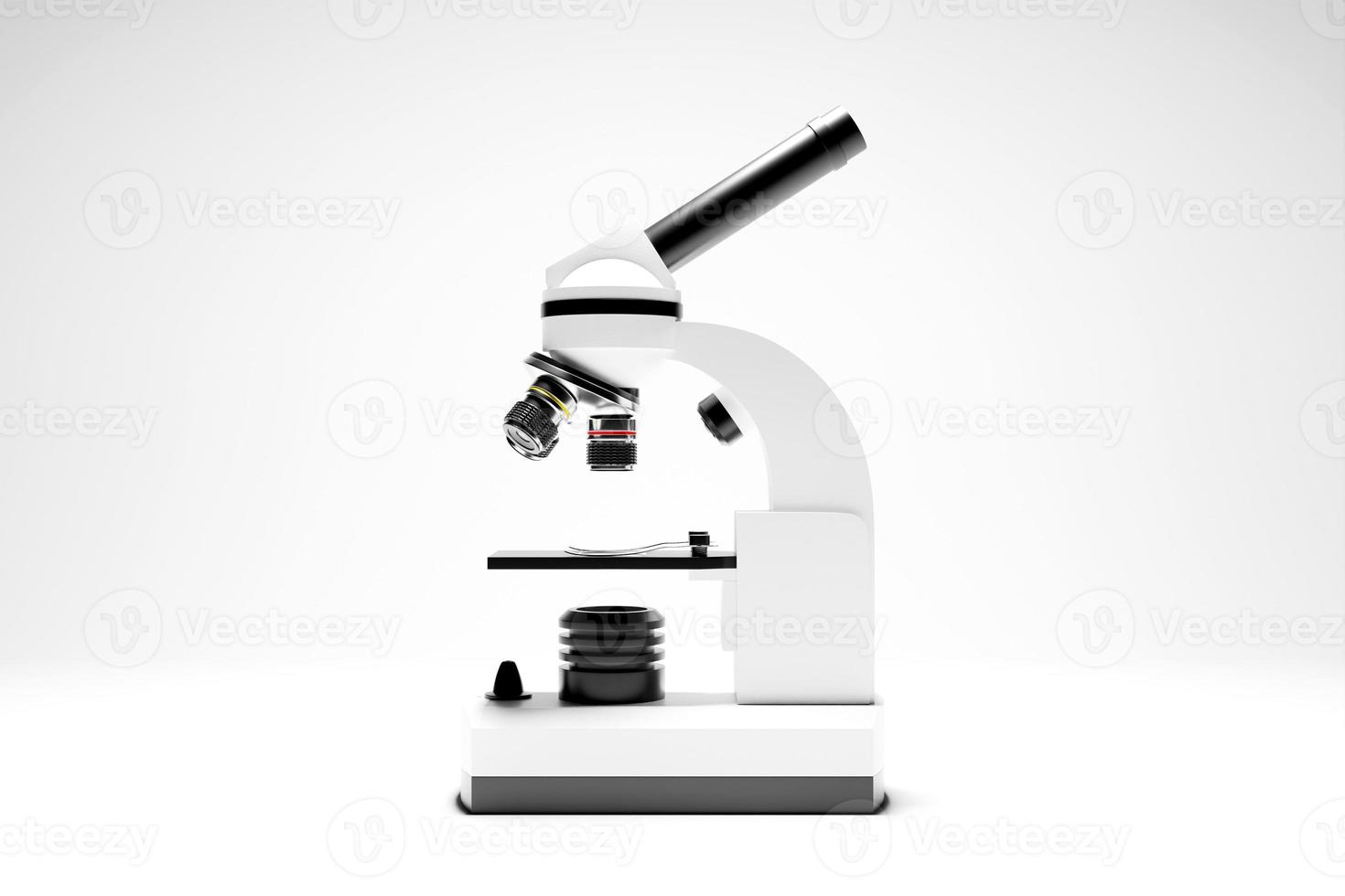 microscope 3d réaliste sur fond blanc, équipement de laboratoire. microscope pour la recherche en laboratoire photo