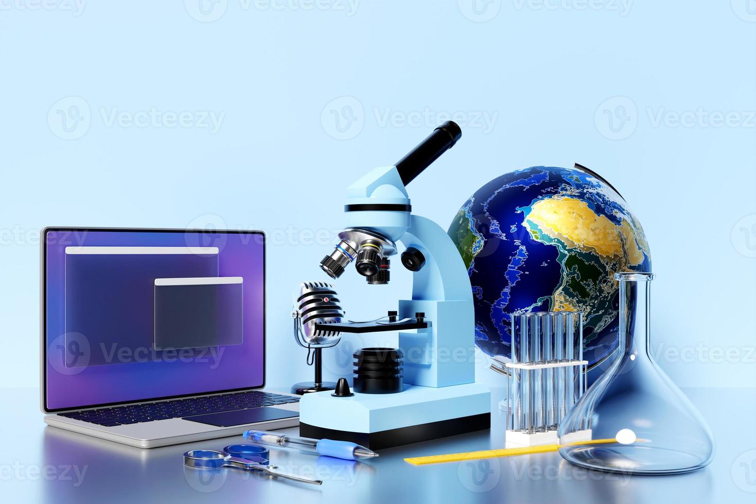 Illustration 3d d'un ordinateur portable avec un onglet de navigateur ouvert sur l'écran, un microscope de laboratoire et un ensemble d'instruments de laboratoire photo