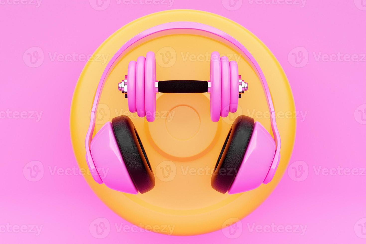 Illustration 3d haltère rose en métal avec disques et écouteurs sur fond rose. matériel de fitness et de sport photo