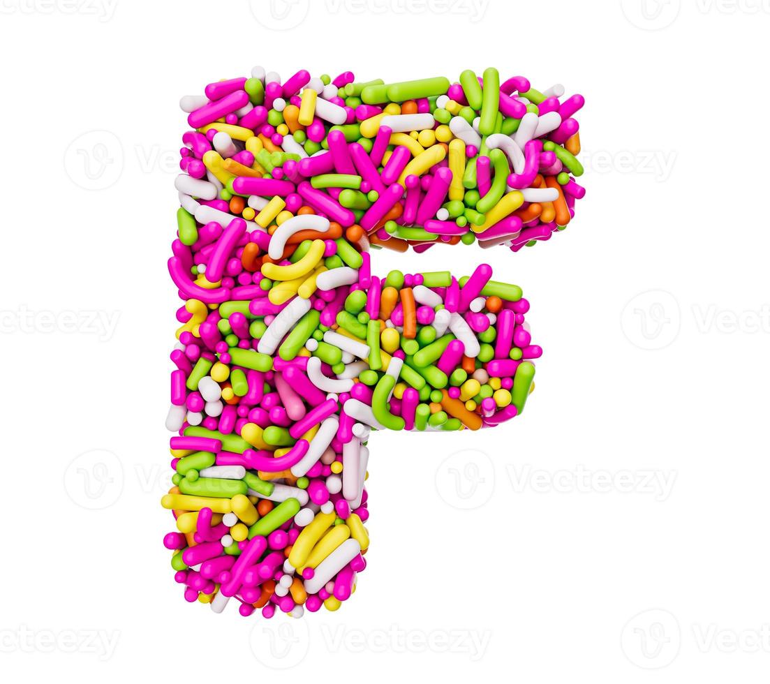 alphabet f fait de pépites colorées lettre f arc-en-ciel saupoudre illustration 3d photo