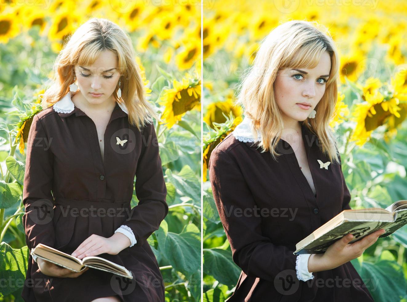 portrait d'écolière russe dans le champ de tournesol photo