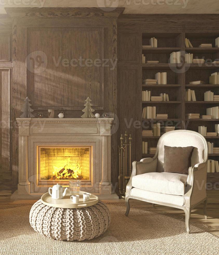 style de ferme scandinave intérieur moderne. illustration de rendu 3d salon avec bibliothèque de livres et cheminée. photo