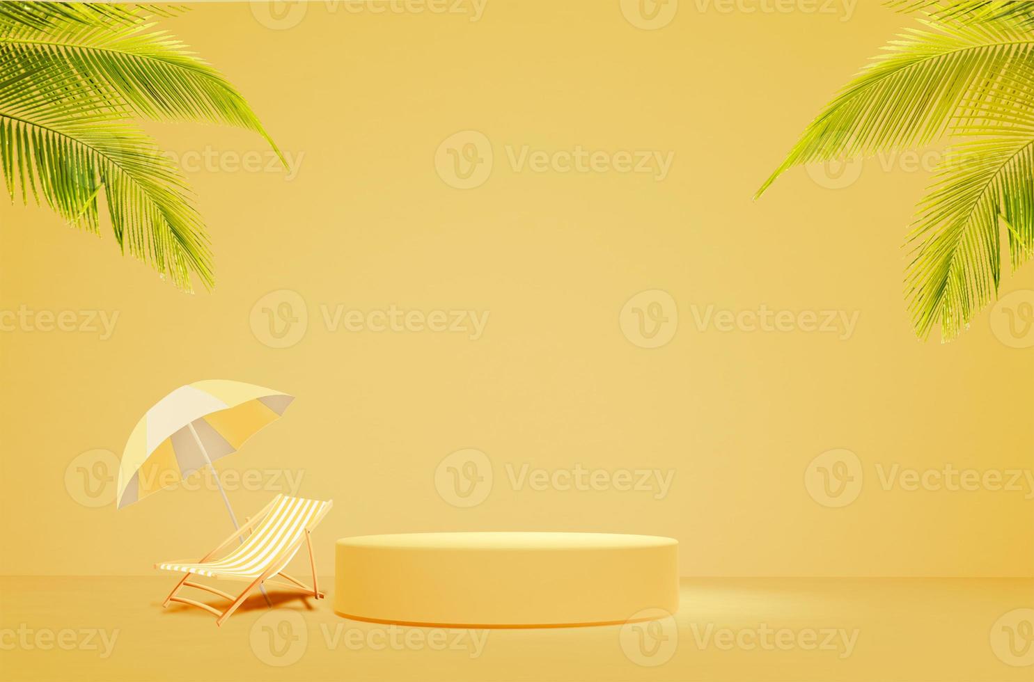 podium d'affichage de produits publicitaires à une seule étape d'été avec chaise de plage et parasol et lumière du soleil avec image de rendu 3d de feuille de noix de coco photo