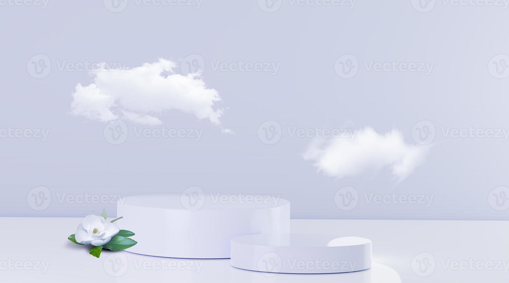 blanc 2 étapes soins de beauté et maquette de podium publicitaire de produits cosmétiques avec fond de couleur douce et nuages blancs et image de rendu 3d fleur réaliste. photo
