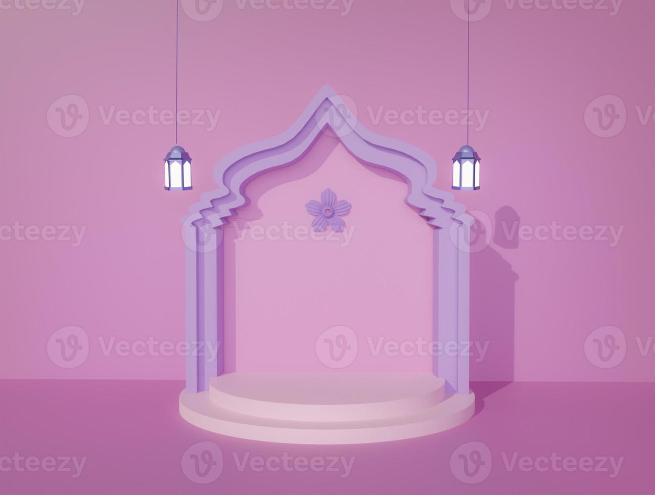 couleur rose tendre décoration islamique fond violet mosquée arc conception fleur sur le dessus produit unique podium d'affichage lanterne suspendue deux côtés image de rendu 3d photo