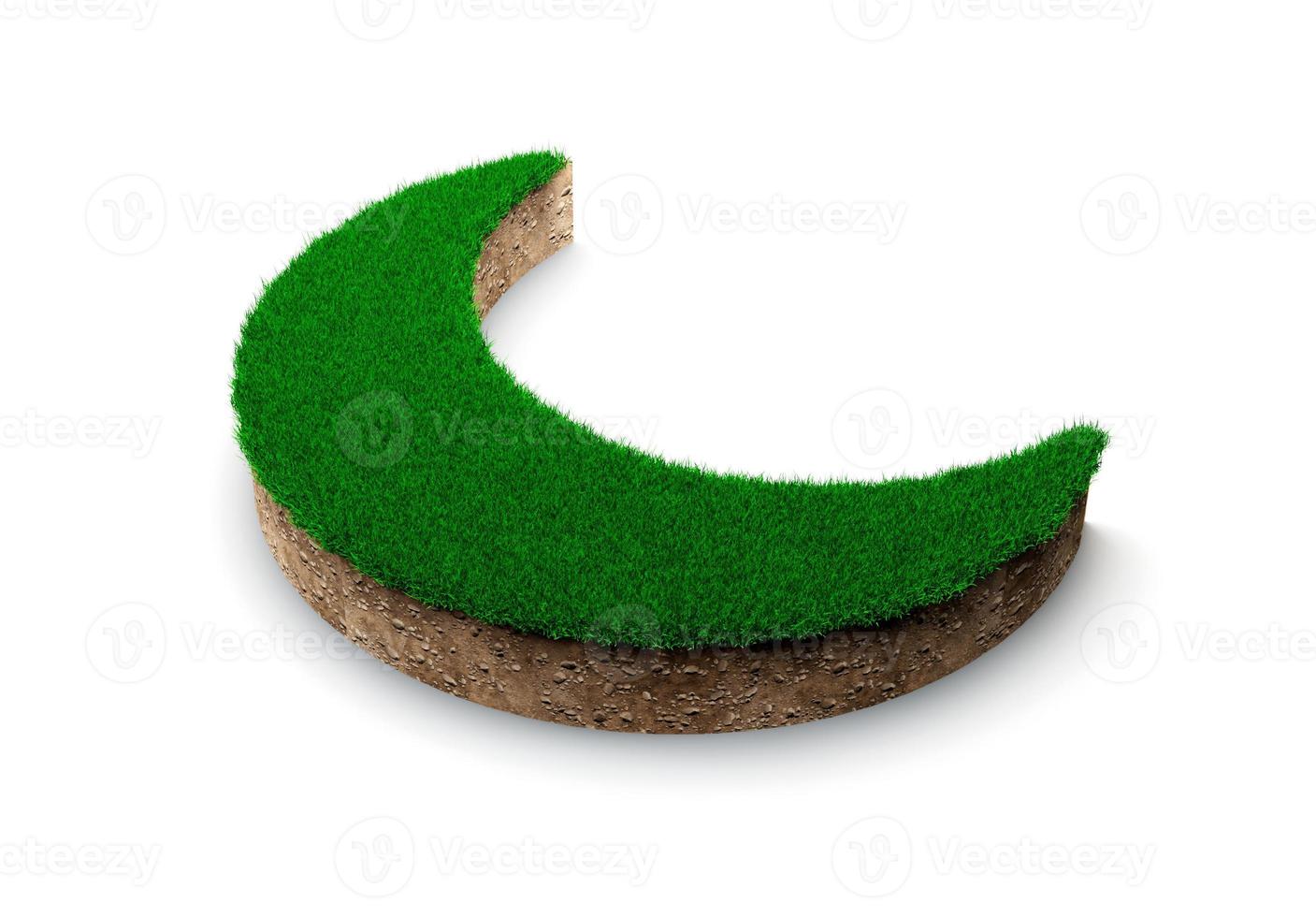 coupe transversale de la géologie des terres en forme de croissant de lune avec de l'herbe verte, de la boue de terre coupée illustration 3d isolée photo