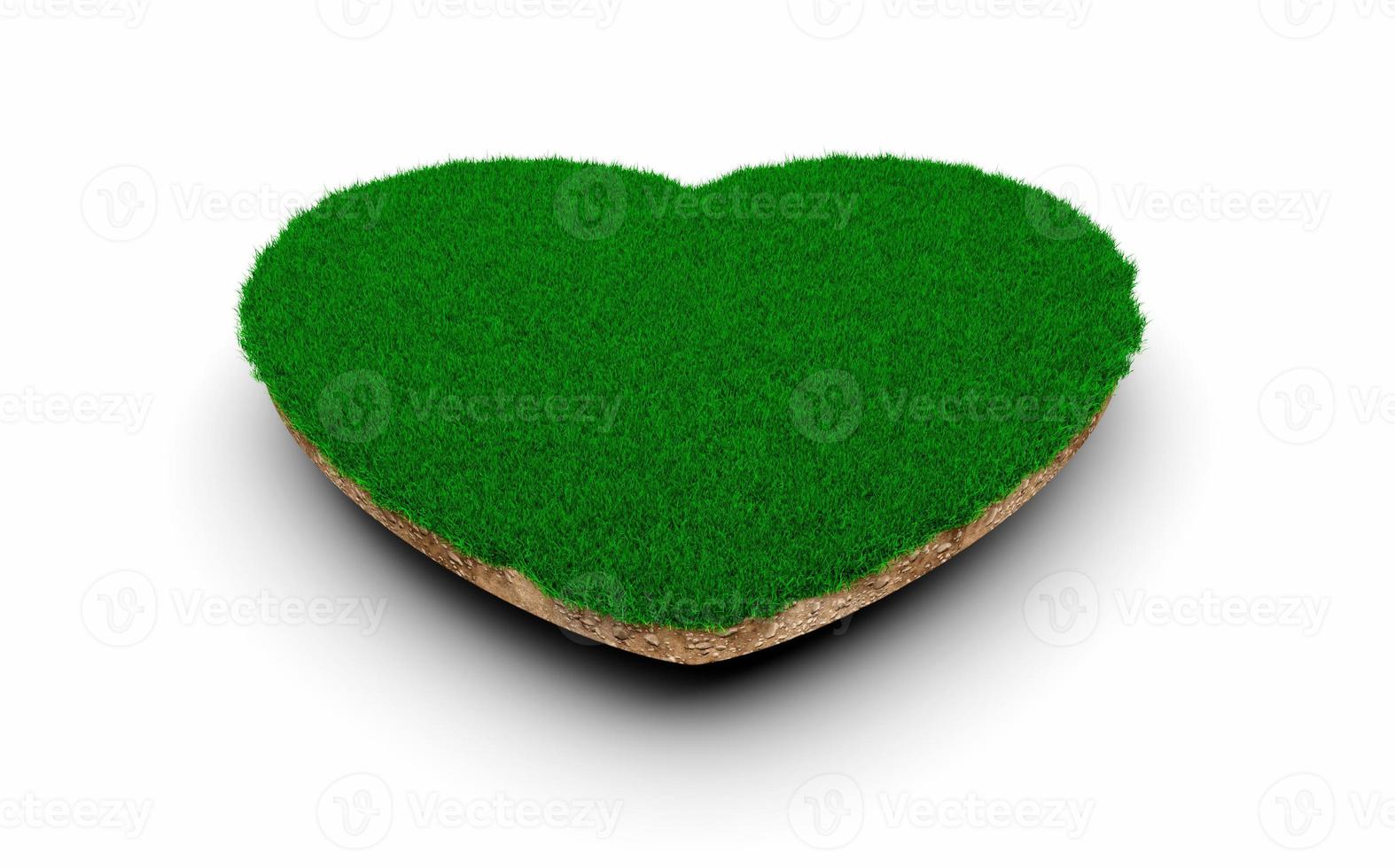 coupe transversale de la géologie du sol en forme de coeur avec de l'herbe verte, de la boue de la terre coupée illustration 3d isolée photo