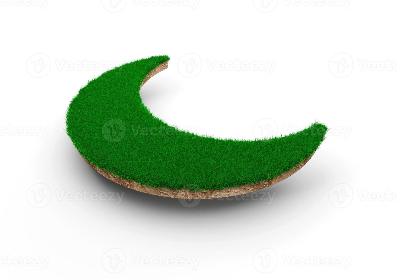 coupe transversale de la géologie des terres en forme de croissant de lune avec de l'herbe verte, de la boue de terre coupée illustration 3d isolée photo