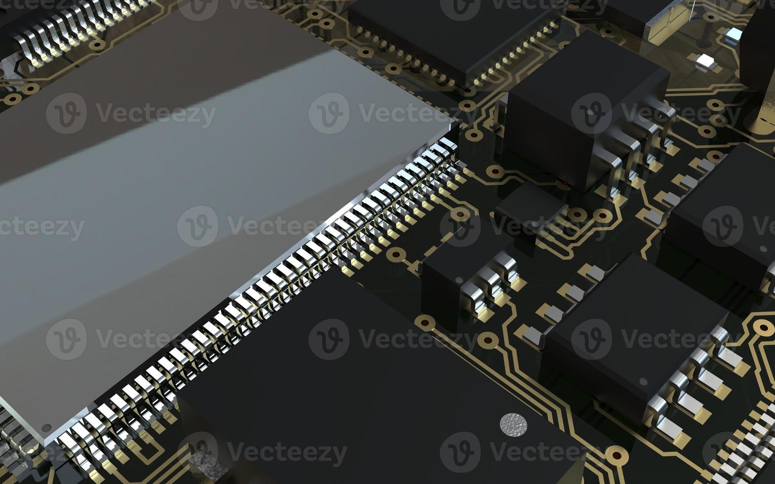 puce de processeur sur une carte de circuit imprimé en rétro-éclairage rouge. illustration 3d sur le thème de la technologie et de la puissance de l'intelligence artificielle. photo