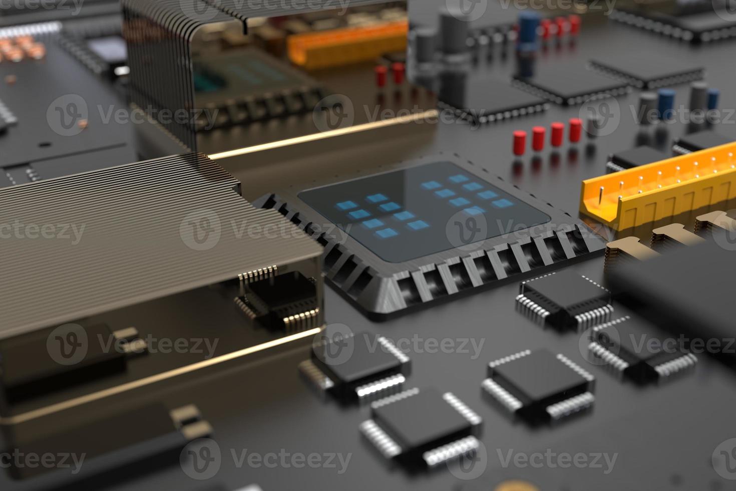 carte de circuit imprimé avec micropuces, processeurs et autres pièces d'ordinateur sur fond sombre. rendu 3D photo