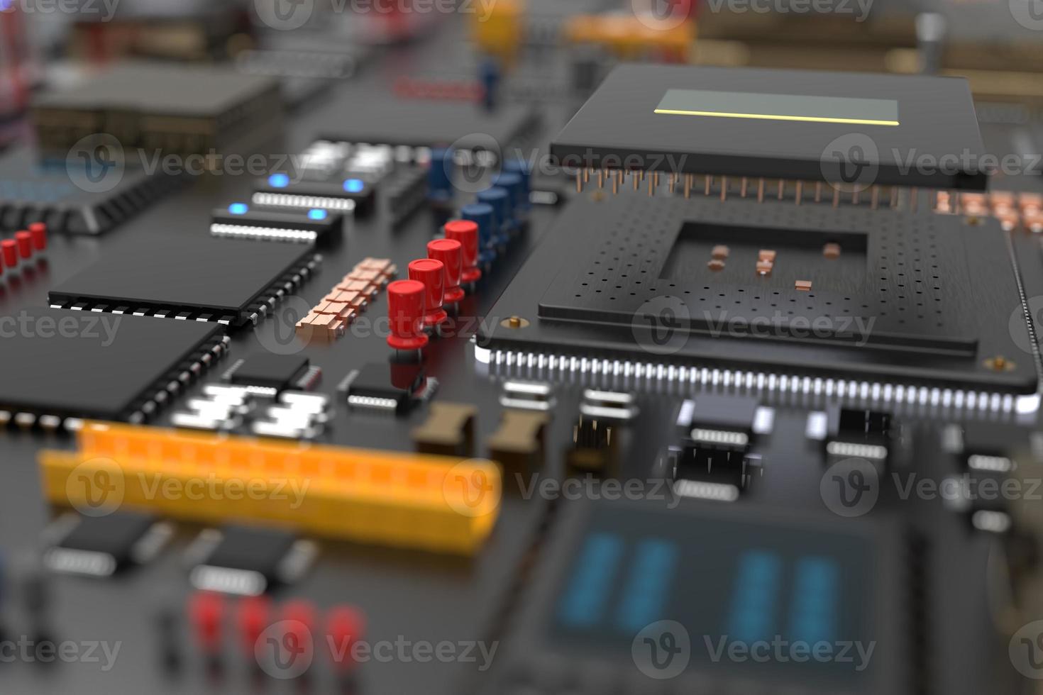 carte de circuit imprimé avec micropuces, processeurs et autres pièces d'ordinateur. rendu 3d sur le thème de la technologie et de la grande puissance de calcul photo