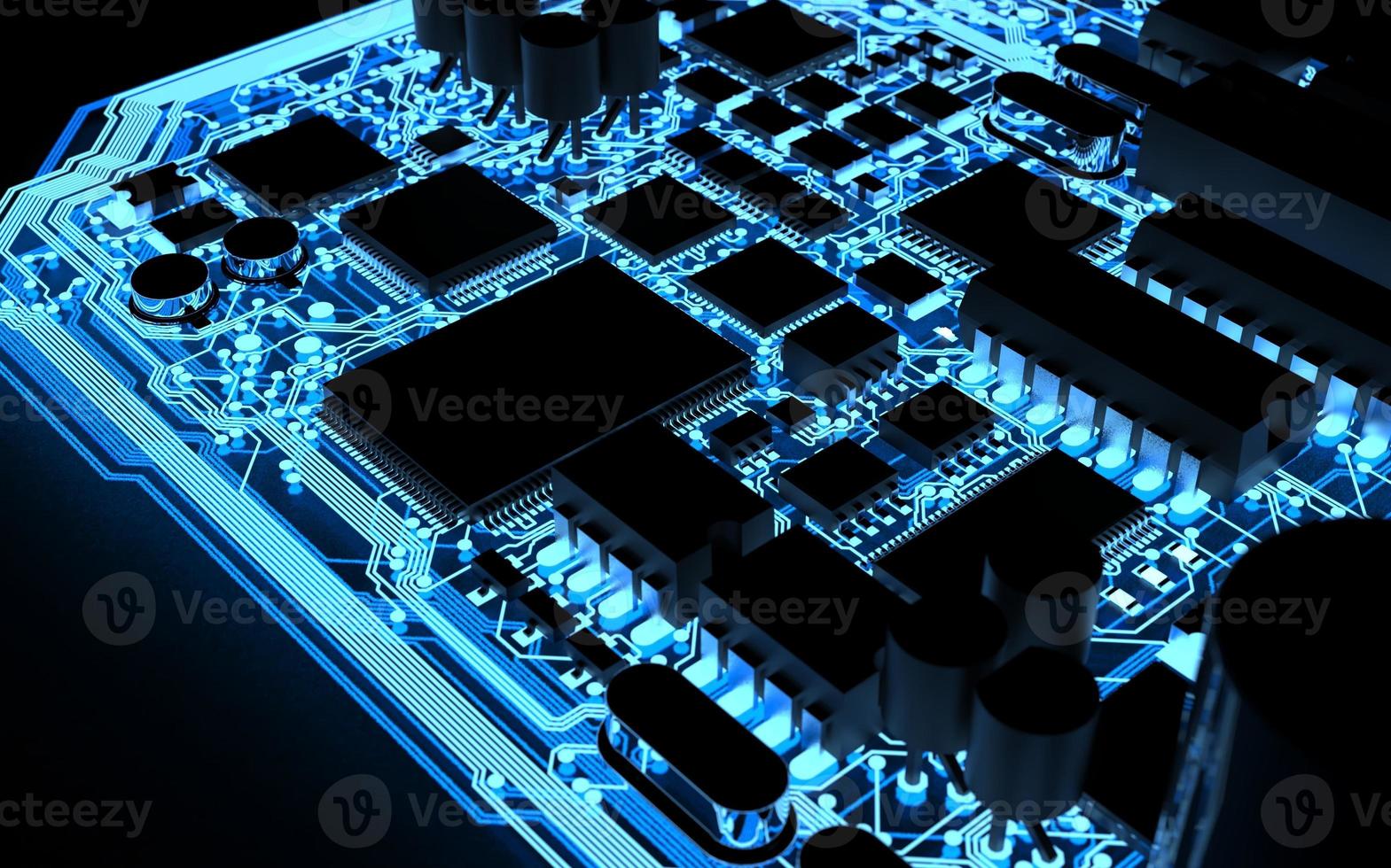 puce de processeur sur une carte de circuit imprimé en rétro-éclairage rouge. illustration 3d sur le thème de la technologie et de la puissance de l'intelligence artificielle. photo