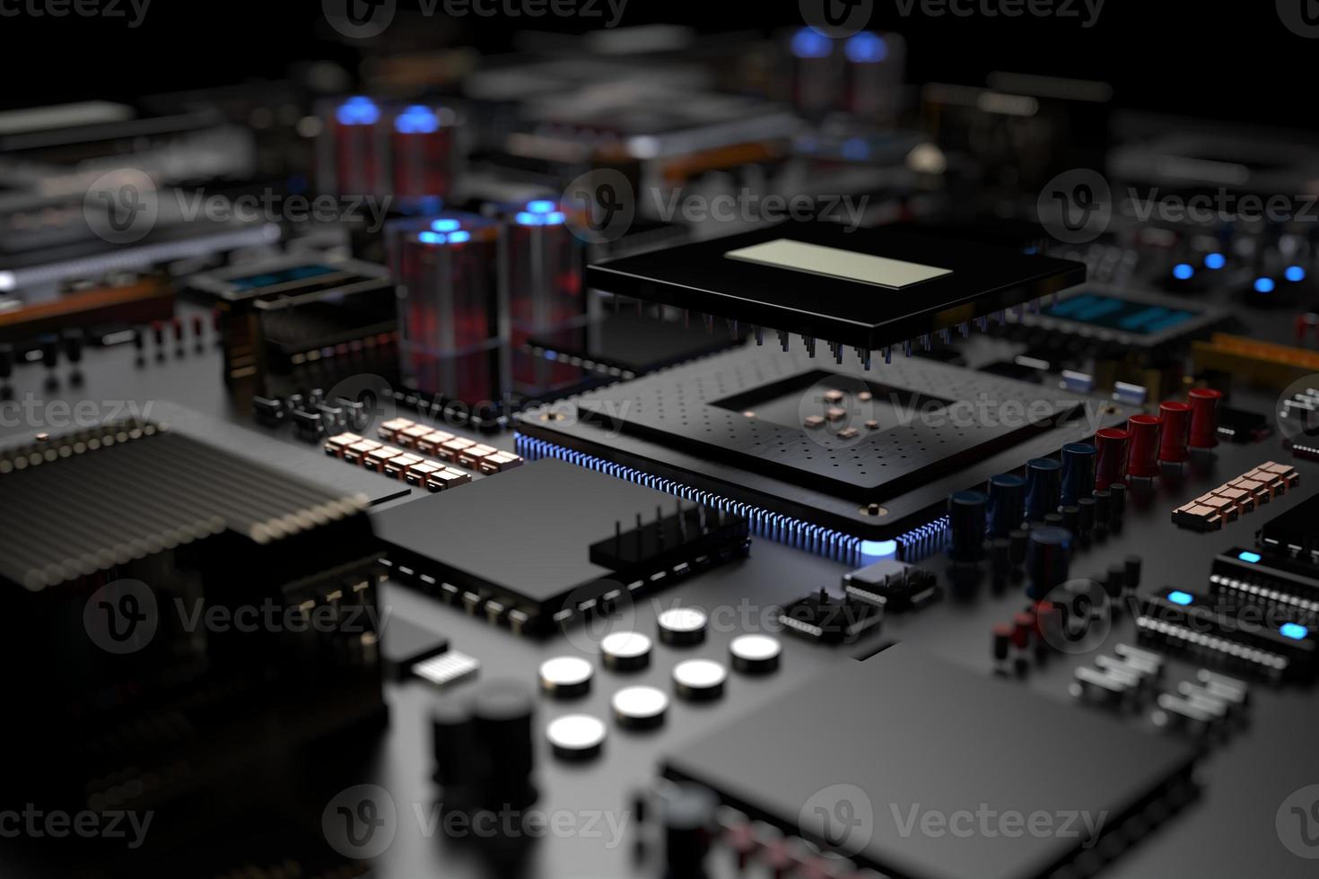 carte de circuit imprimé avec micropuces, processeurs et autres pièces d'ordinateur sur fond sombre. rendu 3D photo