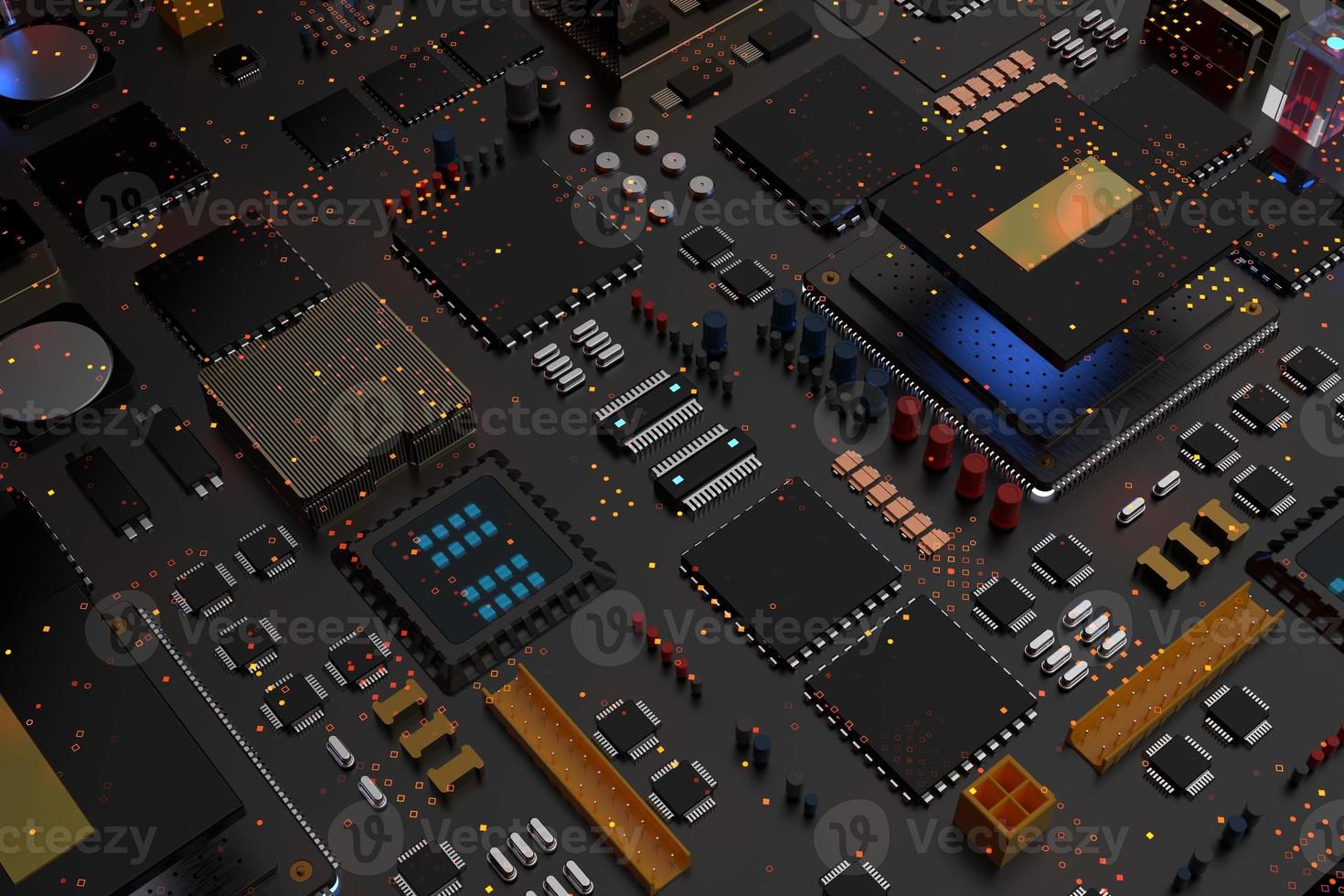 carte de circuit imprimé avec micropuces, processeurs et autres pièces d'ordinateur sur fond sombre. rendu 3D photo