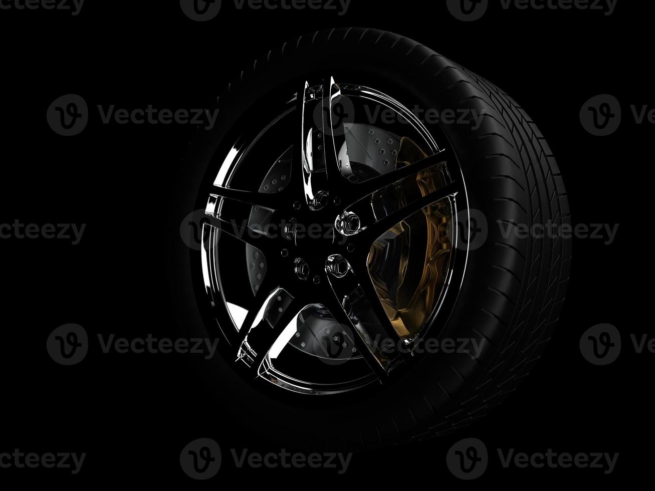 roue automatique avec gros plan de disques chromés sur fond sombre. rendu 3D photo