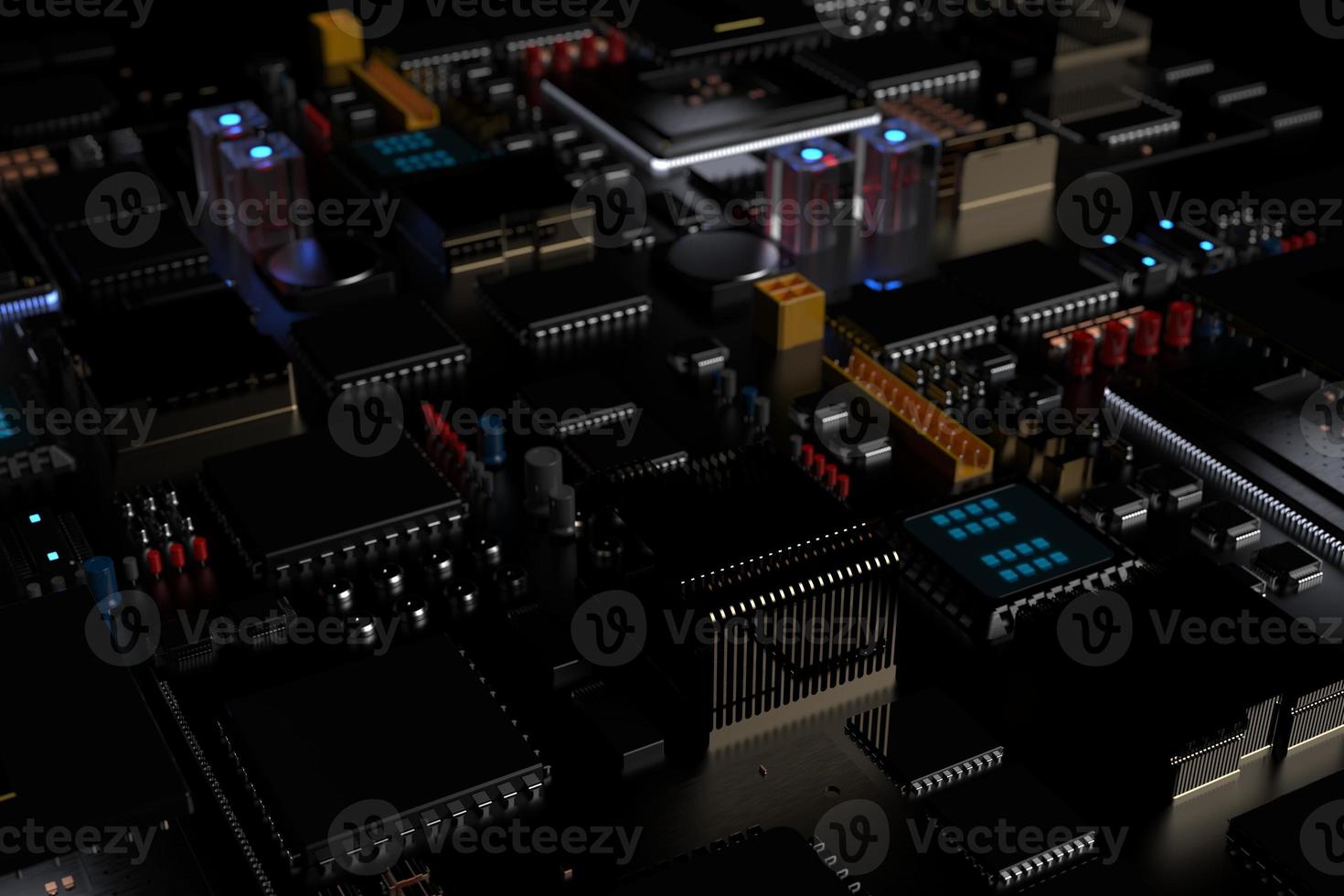 carte de circuit imprimé avec micropuces, processeurs et autres pièces d'ordinateur sur fond sombre. rendu 3D photo