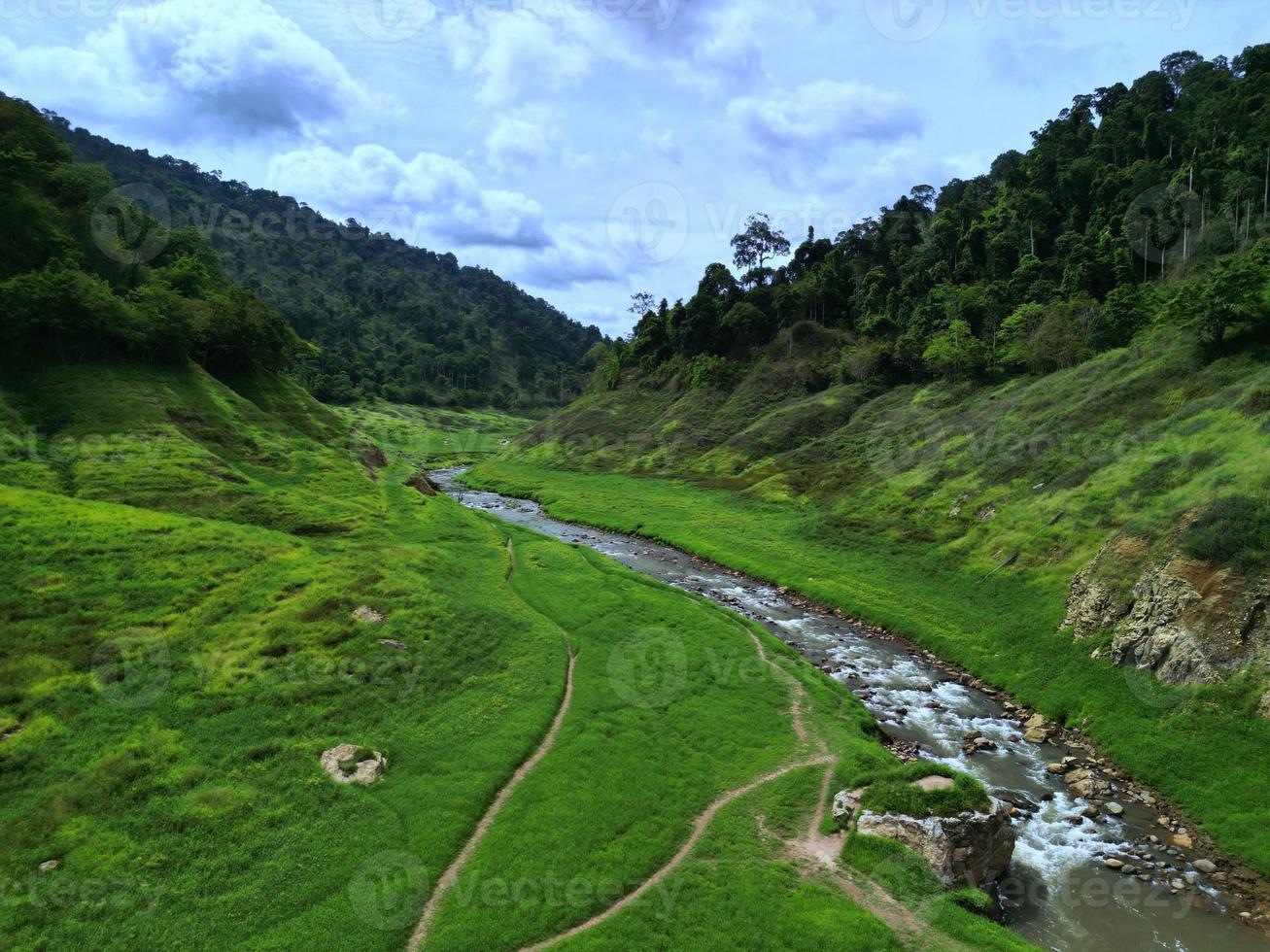 paysage pluvieux de fond de montagne et de rivière photo