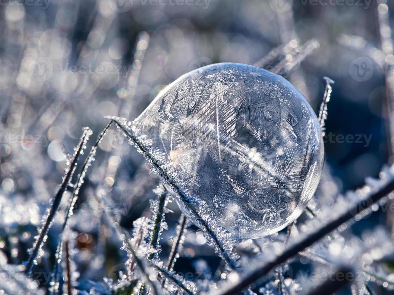 bulle de savon sur laquelle se sont formés des cristaux de glace à cause du gel. à la lumière du soleil couchant. photo