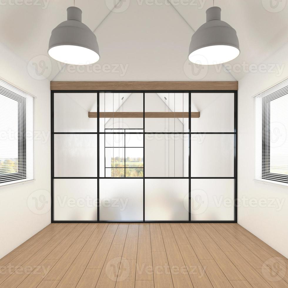 chambre vide nordique avec lampe suspendue et fenêtre, mur blanc et parquet. rendu 3d photo