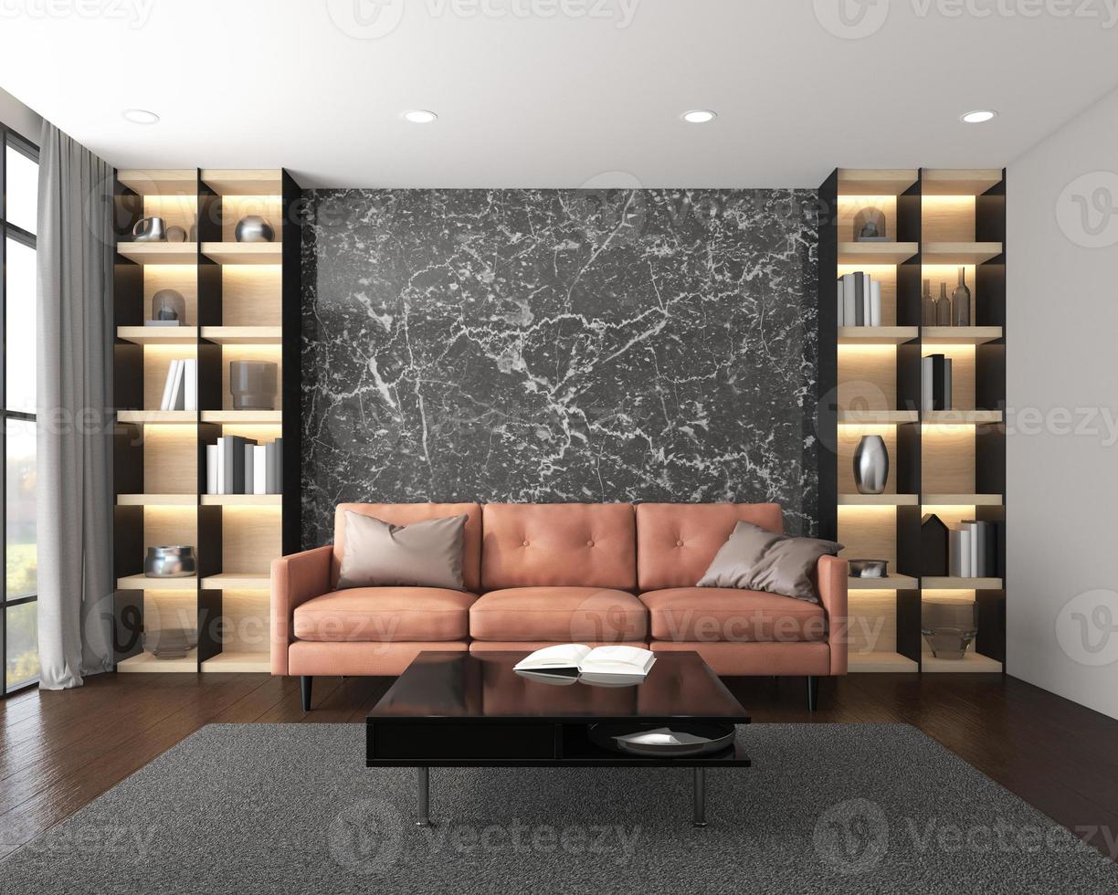 salon de luxe moderne avec canapé en cuir, mur en marbre noir et étagère. rendu 3d photo