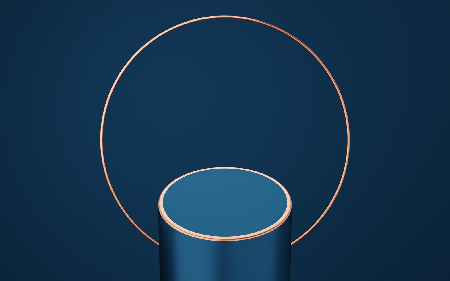 podium de cylindre bleu vide avec bordure dorée et cercle de cuivre sur fond bleu. objet de forme géométrique 3d studio minimal abstrait. espace de maquette pour l'affichage de la conception du produit. rendu 3d. photo