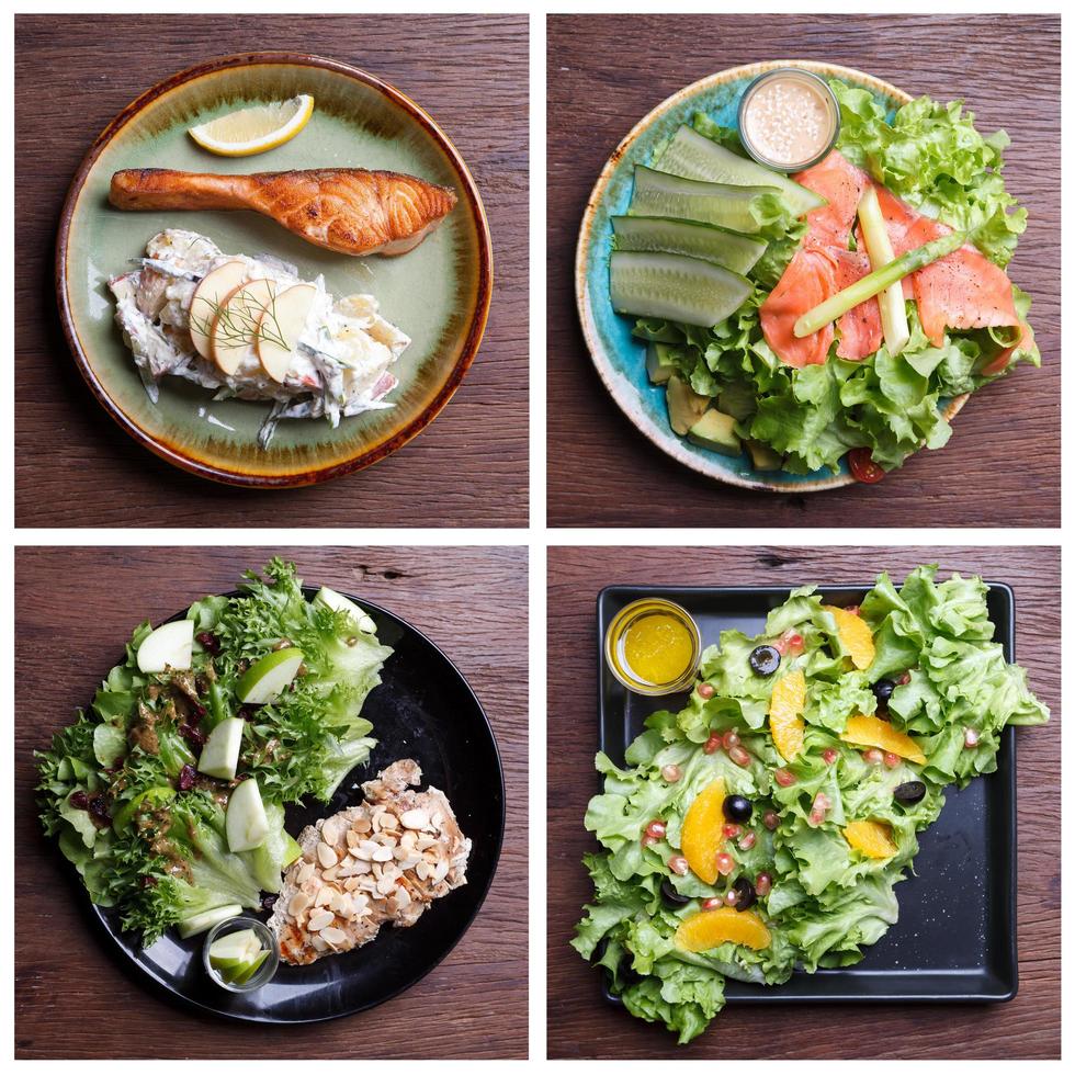 y compris un ensemble de salades d'aliments sains. salade de saumon fumé, salade de légumes, salade d'agrumes aux graines de grenade photo