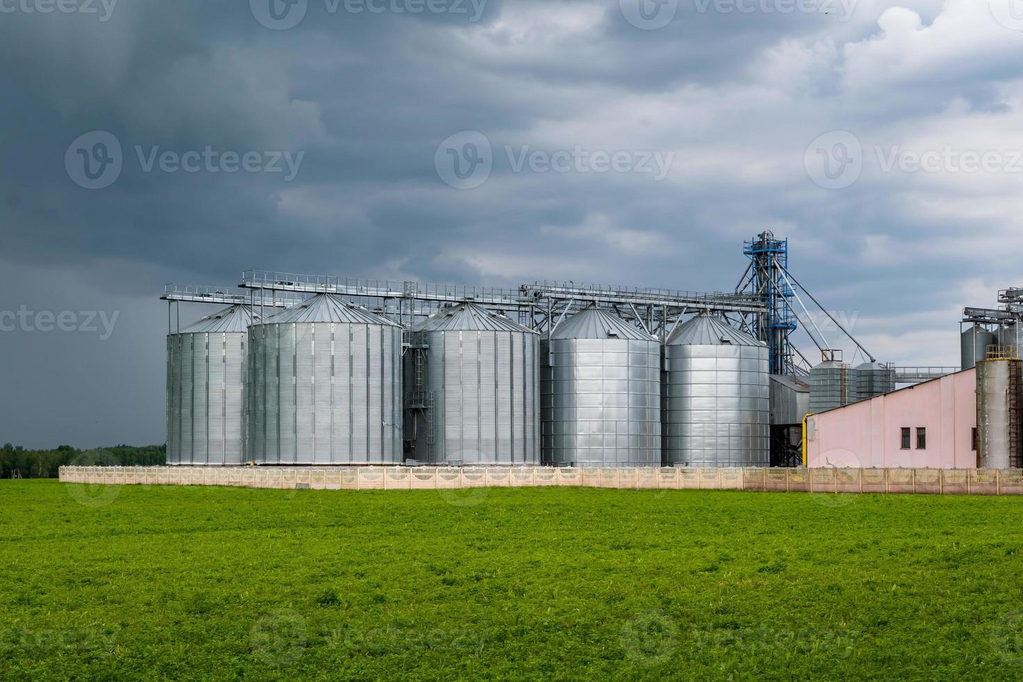 élévateur à grenier moderne et ligne de nettoyage des semences. silos d'argent sur l'agro-industrie et l'usine de fabrication pour le traitement, le nettoyage à sec et le stockage des produits agricoles, de la farine, des céréales et des grains. photo