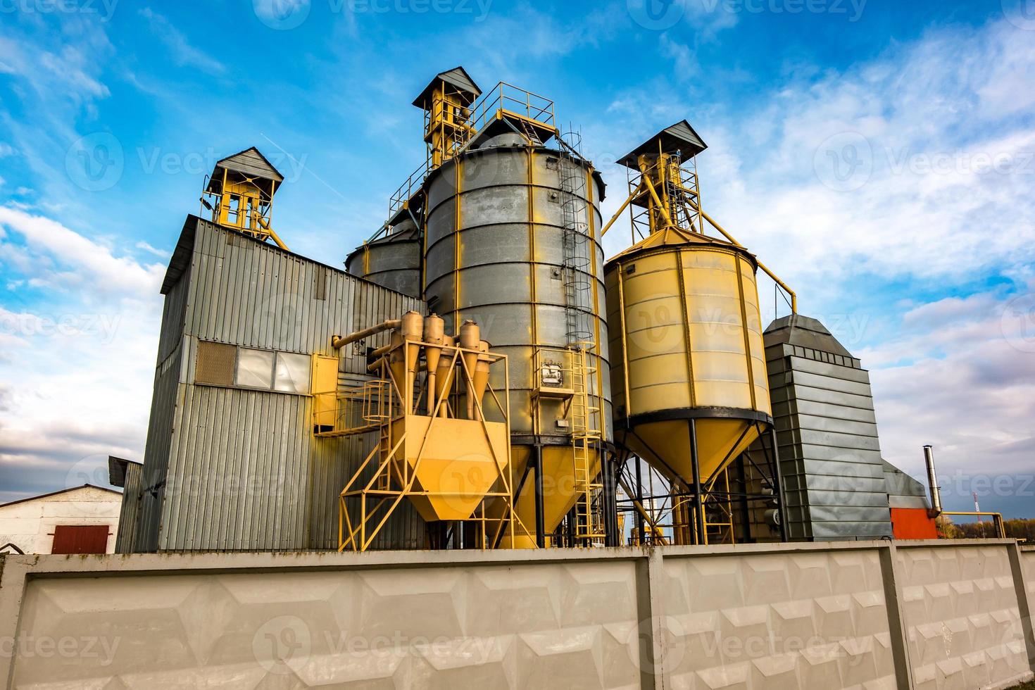 agro-industrie et usine de fabrication pour la transformation et les silos d'argent pour le nettoyage à sec et le stockage des produits agricoles, de la farine, des céréales et des grains. ascenseur à grenier photo